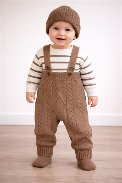 Çizgili Kazaklı Bereli Askılı Pantolonlu Erkek Bebek 3lü Triko Takım (3-6/9-12/12-18/18-24 Ay)