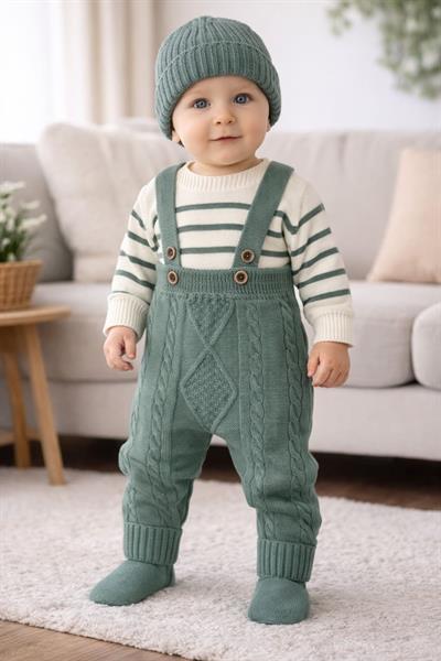 Çizgili Kazaklı Bereli Askılı Pantolonlu Erkek Bebek 3lü Triko Takım (3-6/9-12/12-18/18-24 Ay)