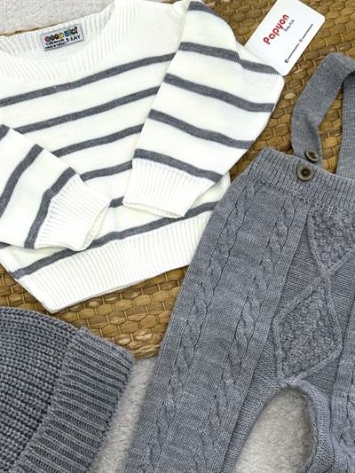 Çizgili Kazaklı Bereli Erkek Bebek Triko Salopet Takım (3-6/9-12/12-18 Ay)