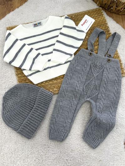 Çizgili Kazaklı Bereli Erkek Bebek Triko Salopet Takım (3-6/9-12/12-18 Ay)