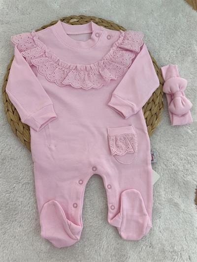 Güpürlü Cepli Kız Bebek Tulum 0-3/3-6/6-9 Ay