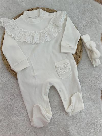 Güpürlü Cepli Kız Bebek Tulum 0-3/3-6/6-9 Ay