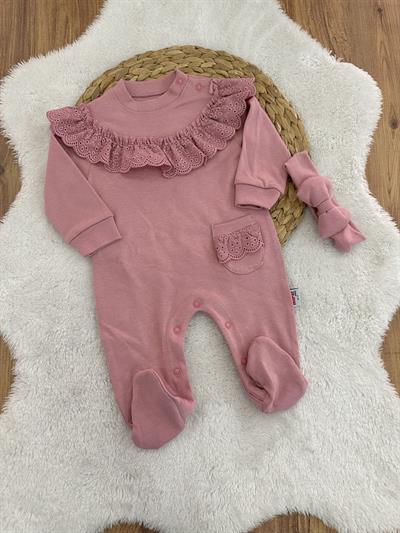 Güpürlü Cepli Kız Bebek Tulum 0-3/3-6/6-9 Ay