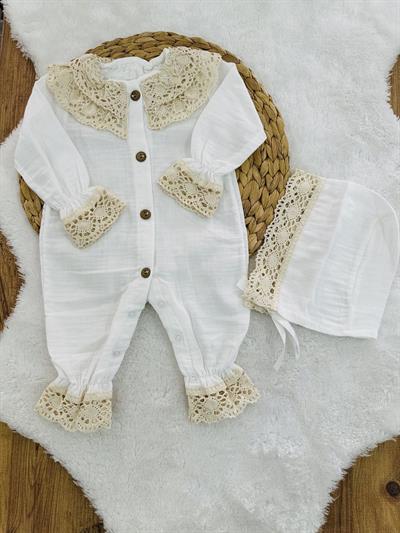Güpürlü Kız Bebek Organik Müslin Tulum Şapka Set 3-6/6-9/9-12/12-18 Ay