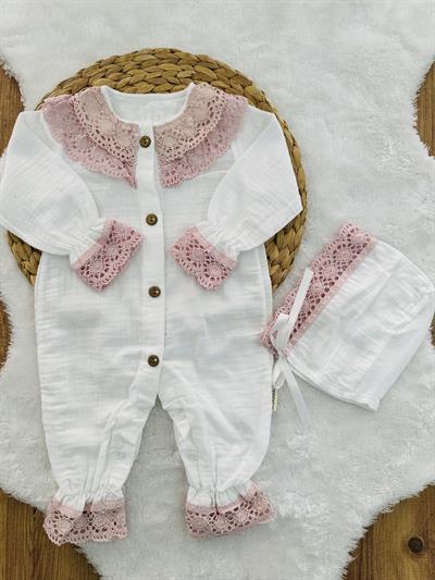 Güpürlü Kız Bebek Organik Müslin Tulum Şapka Set 3-6/6-9/9-12/12-18 Ay