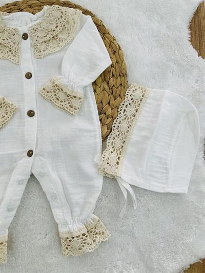 Güpürlü Kız Bebek Organik Müslin Tulum Şapka Set 3-6/6-9/9-12/12-18 Ay