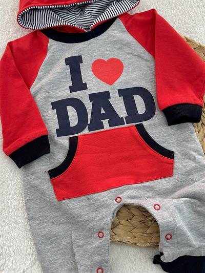 I Kalp Dad Baskılı Kapüşonlu Uniseks Bebek Tulum 0-3/3-6/6-9/9-12 Ay