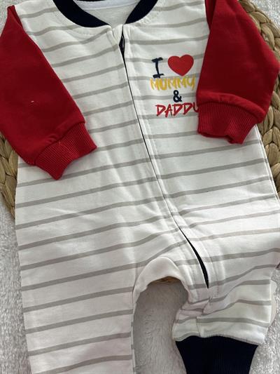 I Love Mummy & Daddy Çizgili Erkek Bebek Fermuarlı Tulum 0-3/3-6/6-9/9-12 Ay
