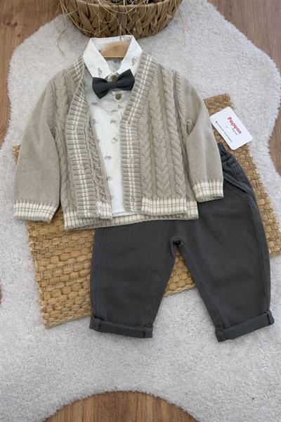 Triko Hırkalı Papyolu Erkek Bebek 3lü Takım (6-9/9-12/12-18/18-24 Ay)