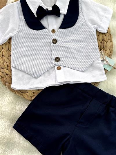 İnce Çizgili Yelekli Papyonlu Şortlu Erkek Takım 3-6/6-9/9-12/12-18 Ay