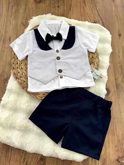 İnce Çizgili Yelekli Papyonlu Şortlu Erkek Takım 3-6/6-9/9-12/12-18 Ay