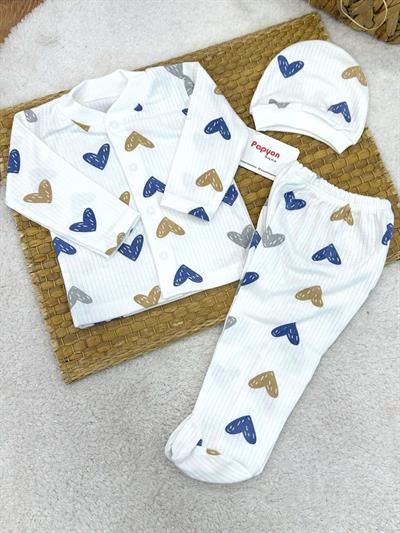 Kalp Desenli Fitilli Önden Çıtçıtlı Bereli Erkek Bebek 3lü Takım 0-3 Ay