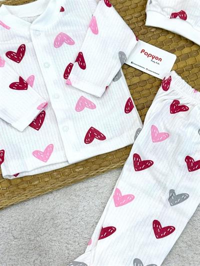 Kalp Desenli Fitilli Önden Çıtçıtlı Bereli Erkek Bebek 3lü Takım 0-3 Ay