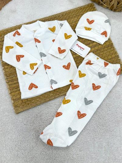 Kalp Desenli Fitilli Önden Çıtçıtlı Bereli Erkek Bebek 3lü Takım 0-3 Ay