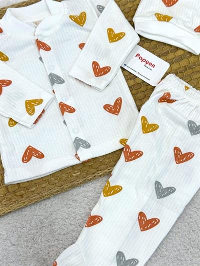 Kalp Desenli Fitilli Önden Çıtçıtlı Bereli Erkek Bebek 3lü Takım 0-3 Ay