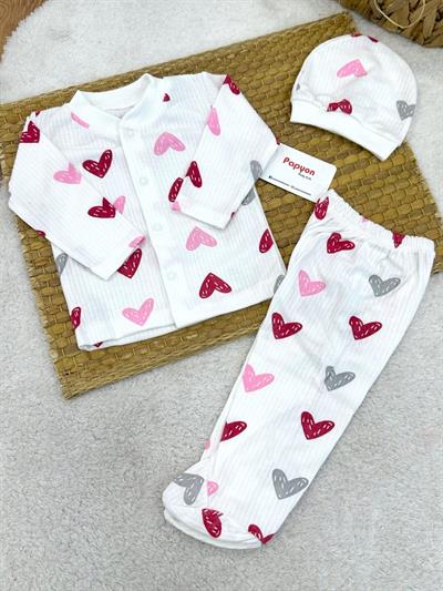 Kalp Desenli Fitilli Önden Çıtçıtlı Bereli Erkek Bebek 3lü Takım 0-3 Ay