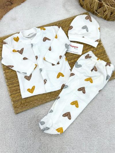 Kalp Desenli Fitilli Önden Çıtçıtlı Bereli Erkek Bebek 3lü Takım 0-3 Ay