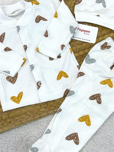 Kalp Desenli Fitilli Önden Çıtçıtlı Bereli Erkek Bebek 3lü Takım 0-3 Ay