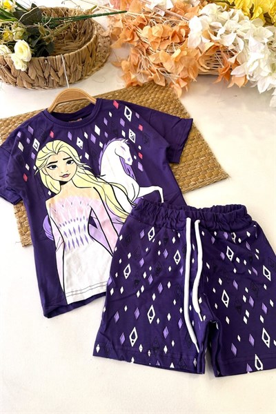 Elsa Baskılı Kız Çocuk Şortlu Takım (%100 Pamuk)(3-4/4-5/5-6/7-8/9-10 Yaş)
