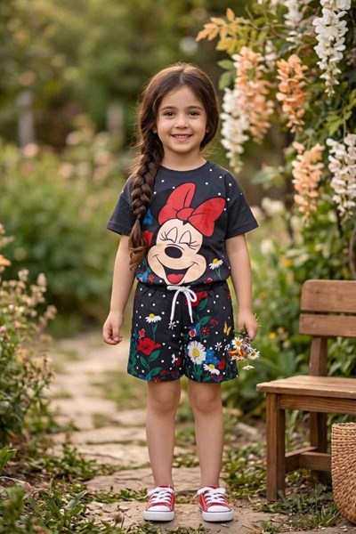 Minnie Mouse Baskılı Kız Çocuk Şortlu Takım (%100 Pamuk)(3-4/4-5/5-6/7-8/9-10 Yaş)