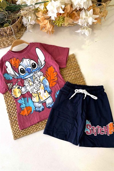 Stitch Baskılı Kız Çocuk Şortlu Takım (%100 Pamuk)(3-4/4-5/5-6/7-8/9-10 Yaş)