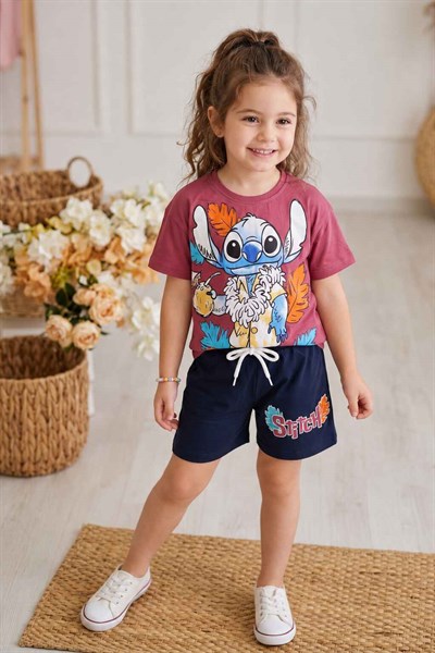 Stitch Baskılı Kız Çocuk Şortlu Takım (%100 Pamuk)(3-4/4-5/5-6/7-8/9-10 Yaş)