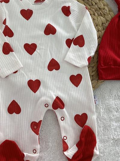 Kalp Baskılı Kız Bebek Fitilli Bere Tulum Set 0-3/3-6/6-9/9-12 Ay