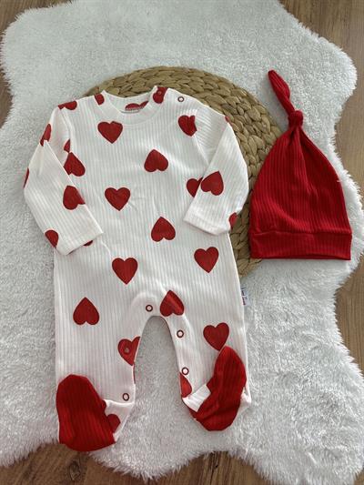 Kalp Baskılı Kız Bebek Fitilli Bere Tulum Set 0-3/3-6/6-9/9-12 Ay
