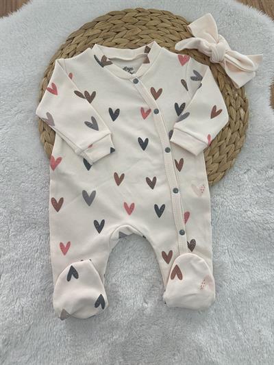 Kalp Baskılı Organik Kız Bebek Patikli Tulum Bandana Set 0-3/3-6 Ay