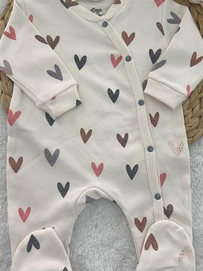 Kalp Baskılı Organik Kız Bebek Patikli Tulum Bandana Set 0-3/3-6 Ay