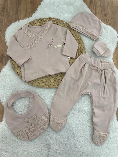 Kanaviçeli Yenidoğan Kız Bebek Organik 5li Zıbın Set Hastane Çıkışı