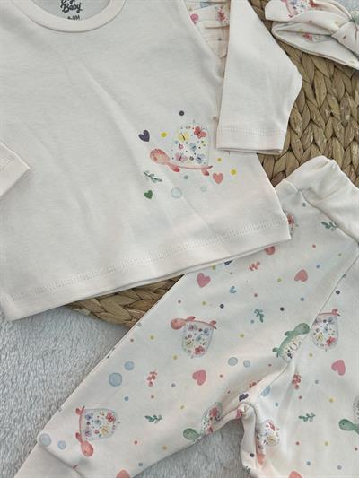 Kaplumbağa Baskılı Kız Bebek Bandanalı 3lü Takım 3-6/6-9/9-12/12-18 Ay