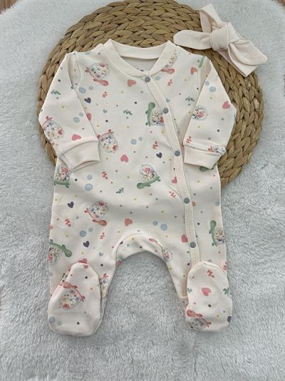 Kaplumbağa Baskılı Kız Bebek Tulum Bandana Set 0-3/3-6 Ay