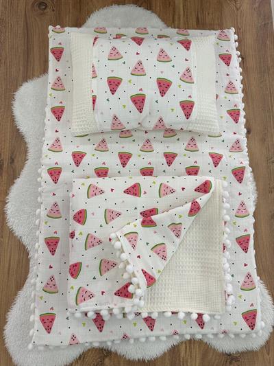 Karpuz Baskılı Müslin Krem Pike Alt Açma Battaniye Yastık 3lü Set