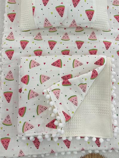 Karpuz Baskılı Müslin Krem Pike Alt Açma Battaniye Yastık 3lü Set