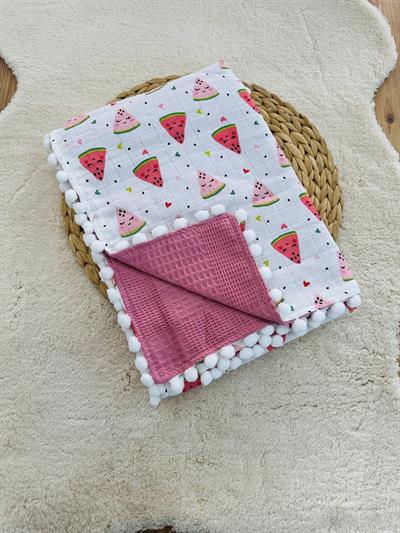 Karpuz Dilimi Baskılı Müslin Pike Çift Kat Çift Taraflı Ponponlu Bebek Battaniyesi 85x110 Cm