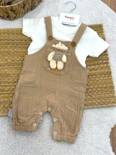 Düz Tişört Ayıcık Oyuncaklı Müslin Salopetli Erkek Bebek Takım (3-6/6-9/9-12 Ay)