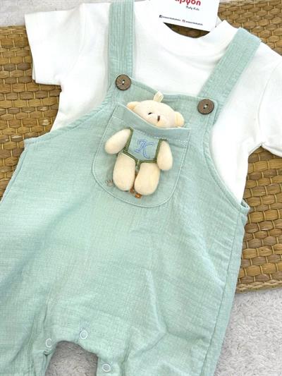 Düz Tişört Ayıcık Oyuncaklı Müslin Salopetli Erkek Bebek Takım (3-6/6-9/9-12 Ay)