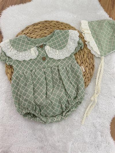 Kortlu Şapkalı Kız Bebek Yazlık Romper Badi 3-6/6-9/9-12 Ay