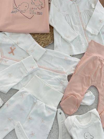 Kuş Model Yenidoğan Kız Bebek Tulumlu Organik 10lu Hastane Çıkış Seti