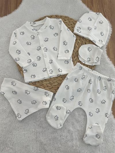 Kuzu Desen Yenidoğan Uniseks Bebek 5li Zıbın Set