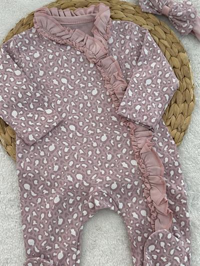 Leopar Model Bandanalı Fırfırlı Kız Bebek Tulum Set 0-3/3-6/6-9/9-12 Ay