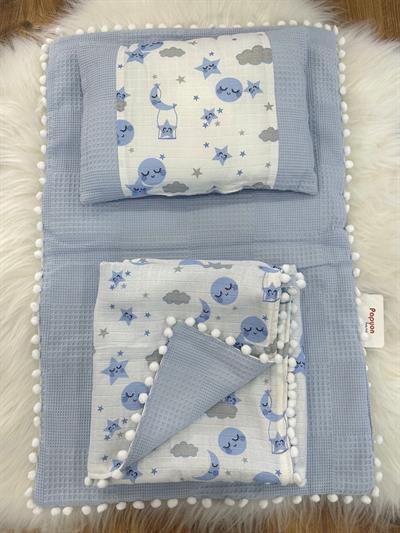 Bulut Ay Yıldız Baskılı Müslin Pike Alt Açma Battaniye Yastık 3lü Set