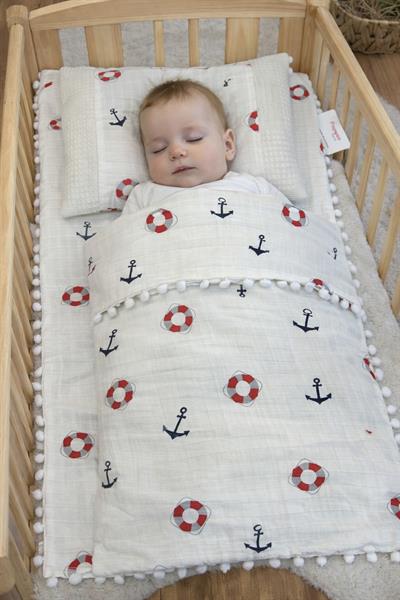 Çapa Baskılı Kenarları Ponponlu Müslin Pike Alt Açma Battaniye Yastık 3lü Set