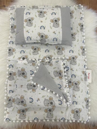Koala Baskılı Müslin Pike Alt Açma Battaniye Yastık 3lü Set