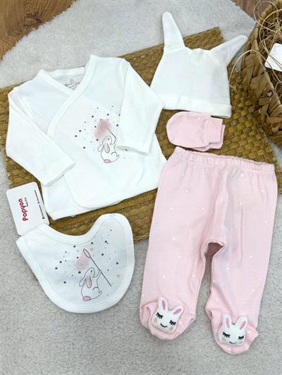 Tavşan Model Yenidoğan Kız Bebek 5li Zıbın Set Hastane Çıkışı