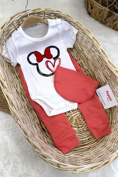 Minnie Mouse Baskılı Kız Bebek 3lü Takım (3-6/6-9/9-12 Ay)