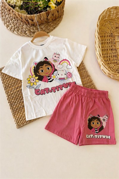 Cat Titude Baskılı Kız Çocuk Şortlu Takım (3-4/4-5/5-6/7-8/9-10 Yaş)