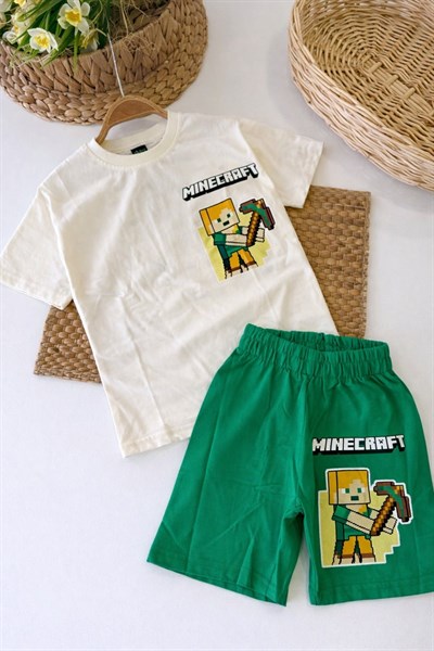 Minecraft Baskılı Erkek Çocuk Şortlu Takım (3-4/4-5/5-6/7-8/9-10 Yaş)