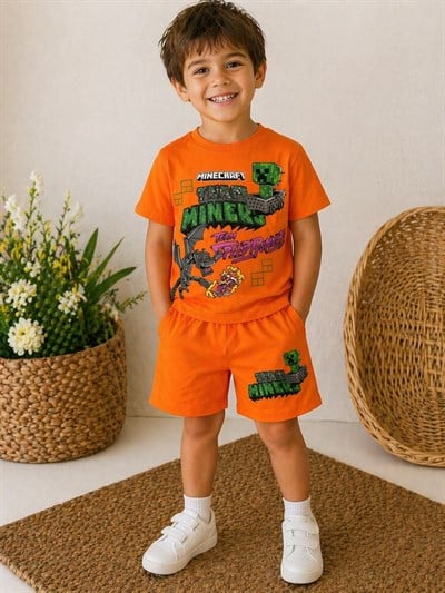 Minecraft Baskılı Erkek Çocuk Şortlu Takım (3-4/4-5/5-6/7-8/9-10 Yaş)